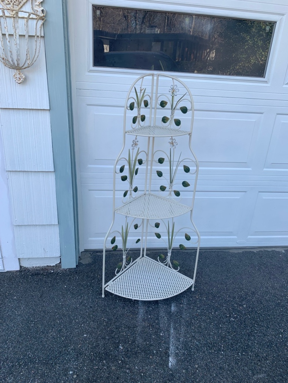 Vintage White Metal Folding Corner Plant Stand with Green Leaf Accents